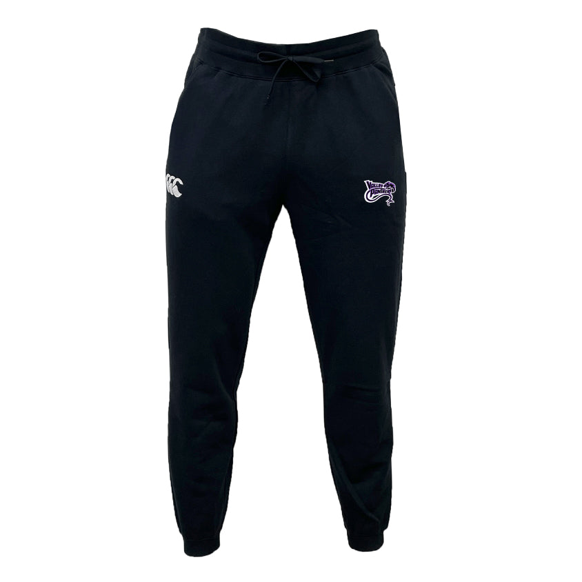 The Valley Panthers Rugby Leisure Sweatpant by EMB Canterbury is made from recycled polyester fleece, featuring an adjustable drawstring waistband and white and purple logo designs on the right side near the pocket.