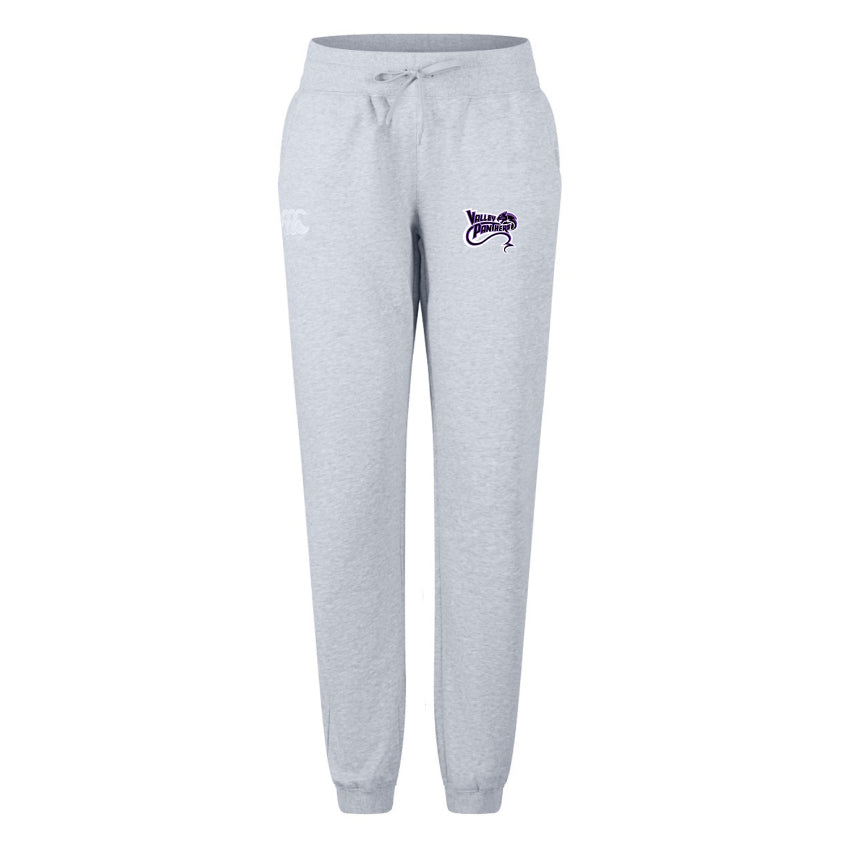 The Valley Panthers Rugby Women's Leisure Sweatpant by EMB Canterbury is made from a cotton blend fleece and features gray sweatpants with an elastic waistband, drawstring, purple graphic on the right hip, and Canterbury logo, offering comfort and style for laid-back days.