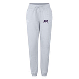 The Valley Panthers Rugby Women's Leisure Sweatpant by EMB Canterbury is made from a cotton blend fleece and features gray sweatpants with an elastic waistband, drawstring, purple graphic on the right hip, and Canterbury logo, offering comfort and style for laid-back days.