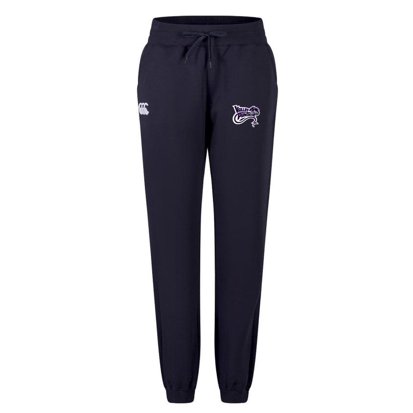 The Valley Panthers Rugby Women's Leisure Sweatpant by EMB Canterbury features a cotton blend fleece in navy, with a drawstring, classic white logo on the left, and a purple bird-adorned Canterbury logo on the right.