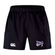 Discover the Valley Panthers Rugby Advantage Short 2.0 by EMB Canterbury: black performance shorts featuring the Canterbury logo and Valley Panthers emblem, made with recycled materials for eco-friendly style.