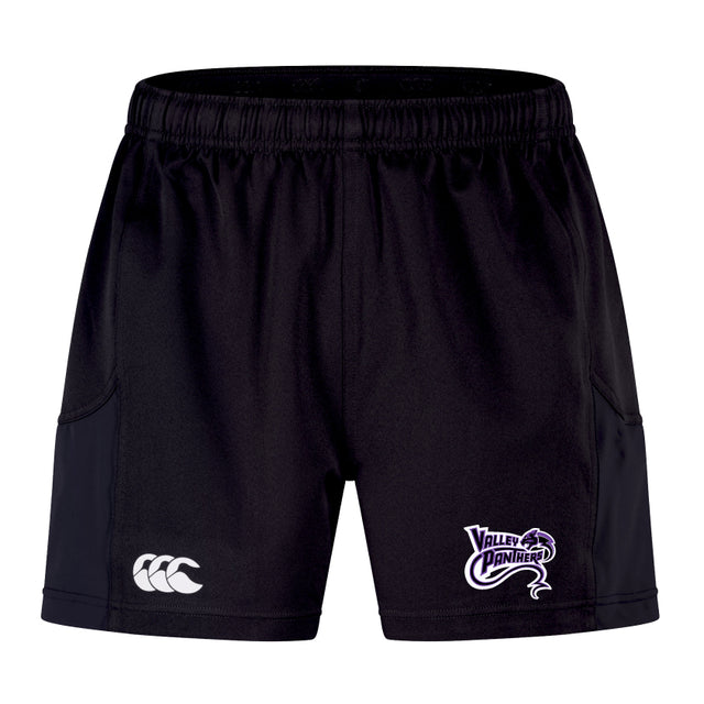 Discover the Valley Panthers Rugby Advantage Short 2.0 by EMB Canterbury: black performance shorts featuring the Canterbury logo and Valley Panthers emblem, made with recycled materials for eco-friendly style.