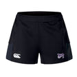 Women's Advantage Short 2.0: Black sports shorts with an EMB Canterbury logo on the left and a purple "Valley Panthers" logo on the right, crafted from recycled materials for eco-conscious performance ideal for any athlete.