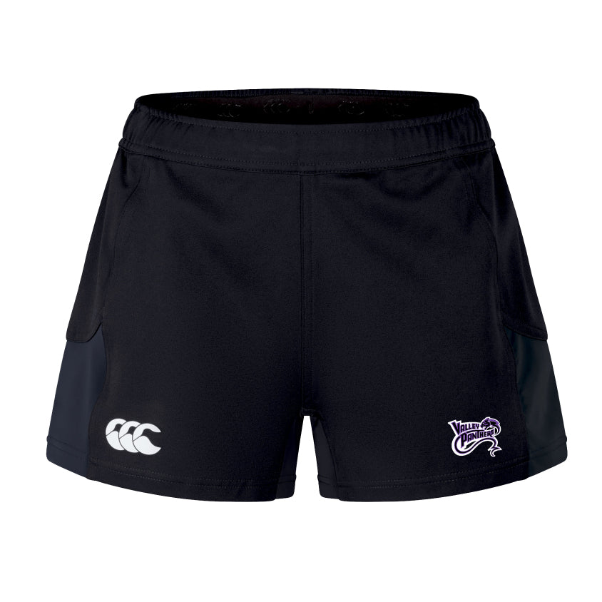 Women's Advantage Short 2.0: Black sports shorts with an EMB Canterbury logo on the left and a purple "Valley Panthers" logo on the right, crafted from recycled materials for eco-conscious performance ideal for any athlete.