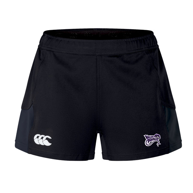Women's Advantage Short 2.0: Black sports shorts with an EMB Canterbury logo on the left and a purple "Valley Panthers" logo on the right, crafted from recycled materials for eco-conscious performance ideal for any athlete.