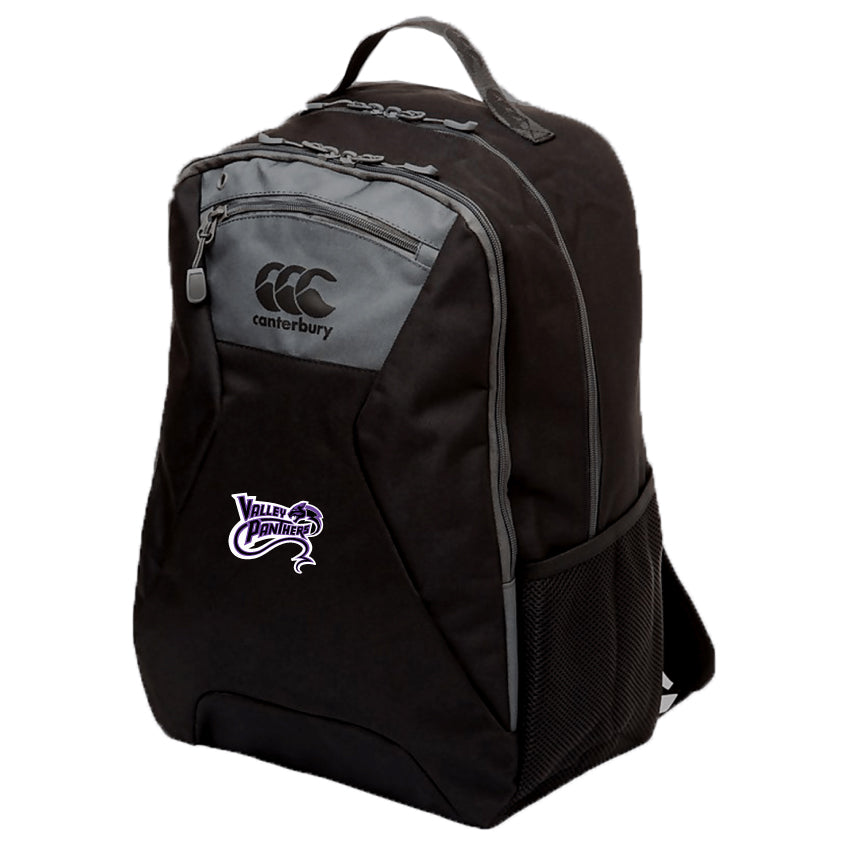 The Valley Panthers Rugby Medium Backpack by Canterbury, from EMB Canterbury, is a black and gray polyester pack featuring a side net pocket and top handle. It sports the Valley Panthers logos and uses Vaposhield technology for durability.