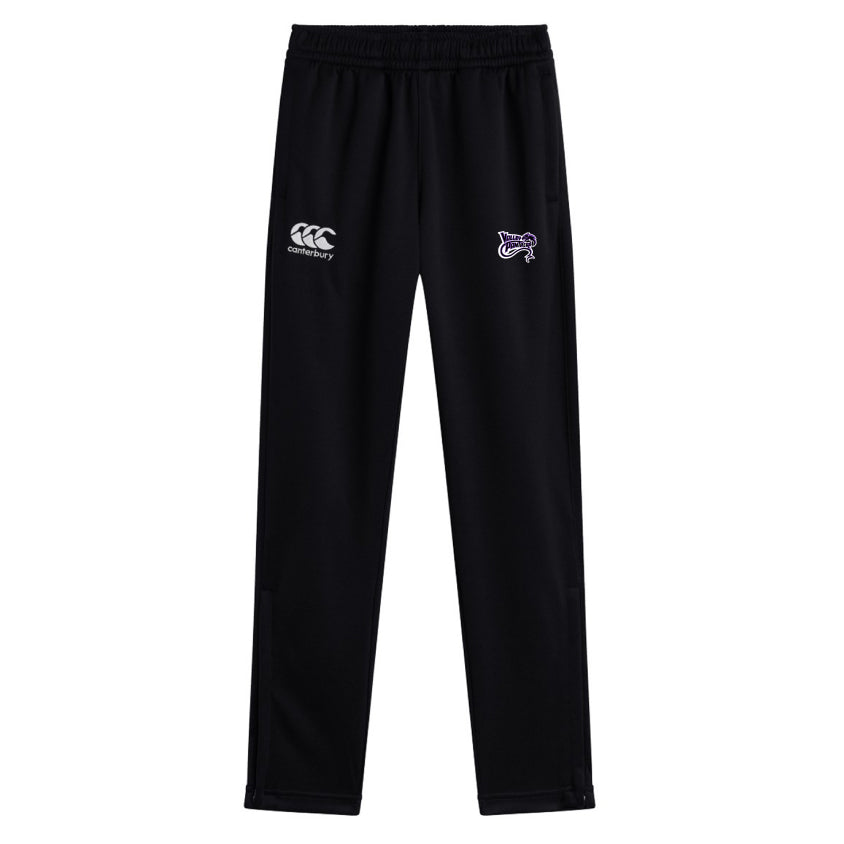 The Valley Panthers Rugby Stretch Tapered Pant by EMB Canterbury is ideal for workouts, featuring an elastic waist, a classic logo on the right, and a small purple design on the left. Made with quick-dry fabric for comfort during intense sessions.