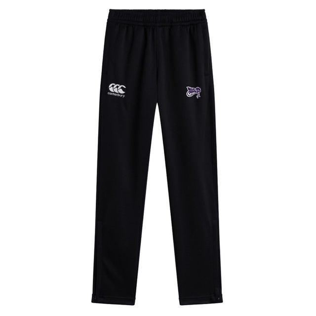 The Valley Panthers Rugby Stretch Tapered Pant by EMB Canterbury is ideal for workouts, featuring an elastic waist, a classic logo on the right, and a small purple design on the left. Made with quick-dry fabric for comfort during intense sessions.