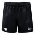The Valley Panthers Rugby Advantage Shorts by EMB Canterbury are black athletic shorts featuring an elastic waistband, moisture-wicking technology, the iconic Canterbury logo on the left leg, and a bold "Valley Panthers" logo on the right. Perfect for rugby enthusiasts.