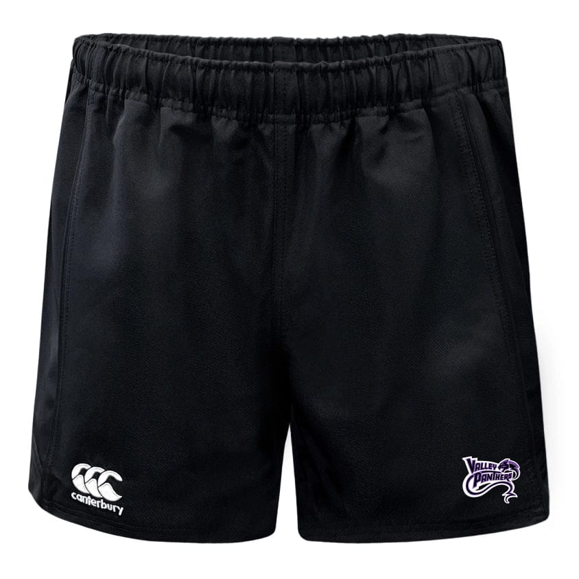 The Valley Panthers Rugby Advantage Shorts by EMB Canterbury are black athletic shorts featuring an elastic waistband, moisture-wicking technology, the iconic Canterbury logo on the left leg, and a bold "Valley Panthers" logo on the right. Perfect for rugby enthusiasts.
