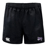 The Valley Panthers Rugby Advantage Shorts by EMB Canterbury are black athletic shorts featuring an elastic waistband, moisture-wicking technology, the iconic Canterbury logo on the left leg, and a bold "Valley Panthers" logo on the right. Perfect for rugby enthusiasts.