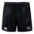 Valley Panthers Rugby Professional Shorts by EMB Canterbury, crafted from polyester for performance and comfort, feature an elasticated waistband with a Canterbury logo on the left and Valley Panthers logo on the right.