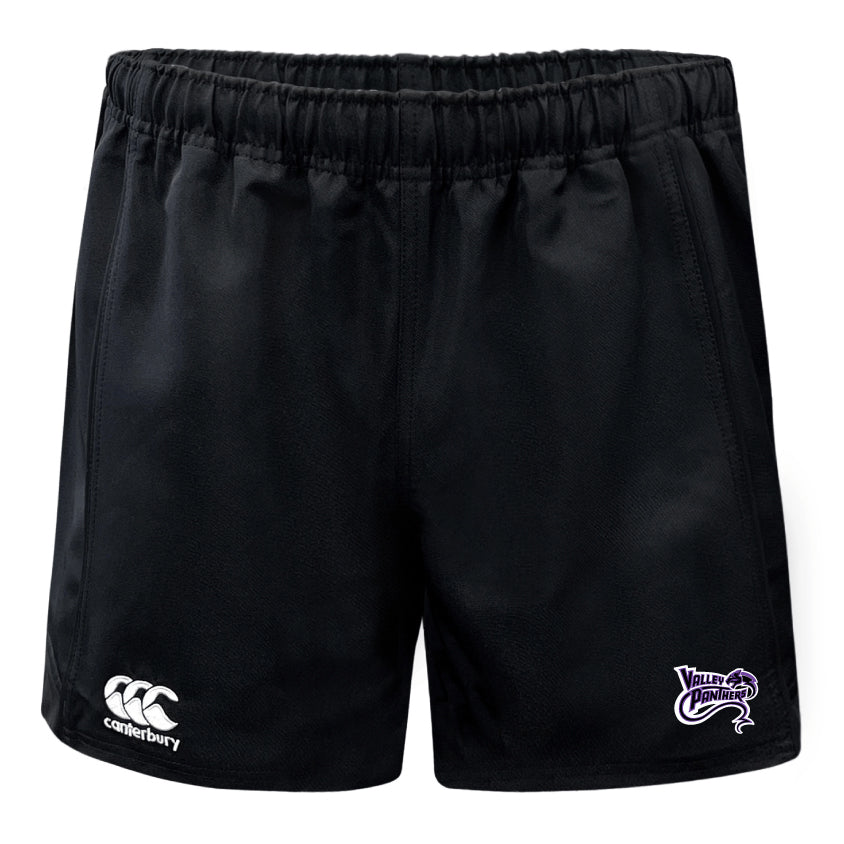 Valley Panthers Rugby Professional Shorts by EMB Canterbury, crafted from polyester for performance and comfort, feature an elasticated waistband with a Canterbury logo on the left and Valley Panthers logo on the right.