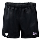 Valley Panthers Rugby Professional Shorts by EMB Canterbury, crafted from polyester for performance and comfort, feature an elasticated waistband with a Canterbury logo on the left and Valley Panthers logo on the right.