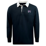 The EMB Mudoo Valley Panthers Rugby Classic Long Sleeve Solid Rugby Jersey is navy with a white collar and cuffs, features a small purple logo on the left chest, and is made from a comfortable cotton/poly blend.