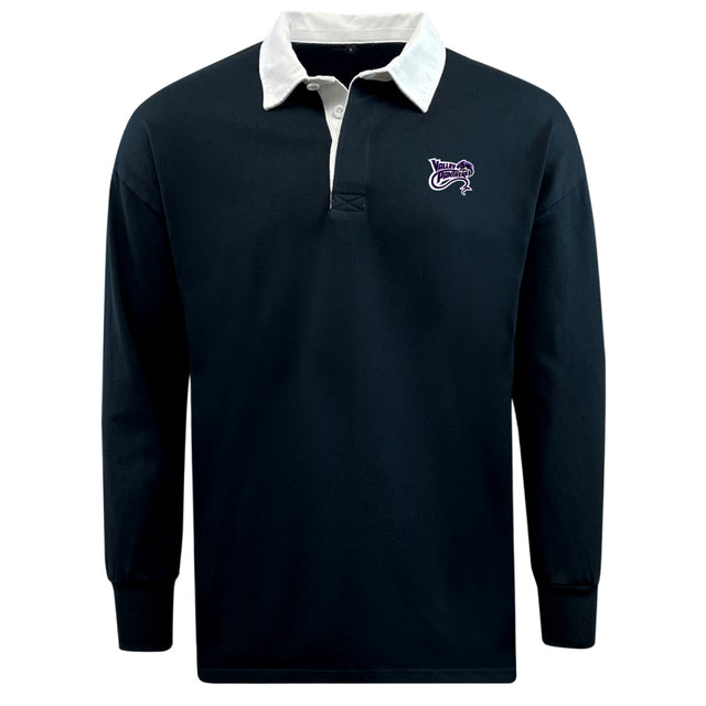 The EMB Mudoo Valley Panthers Rugby Classic Long Sleeve Solid Rugby Jersey is navy with a white collar and cuffs, features a small purple logo on the left chest, and is made from a comfortable cotton/poly blend.