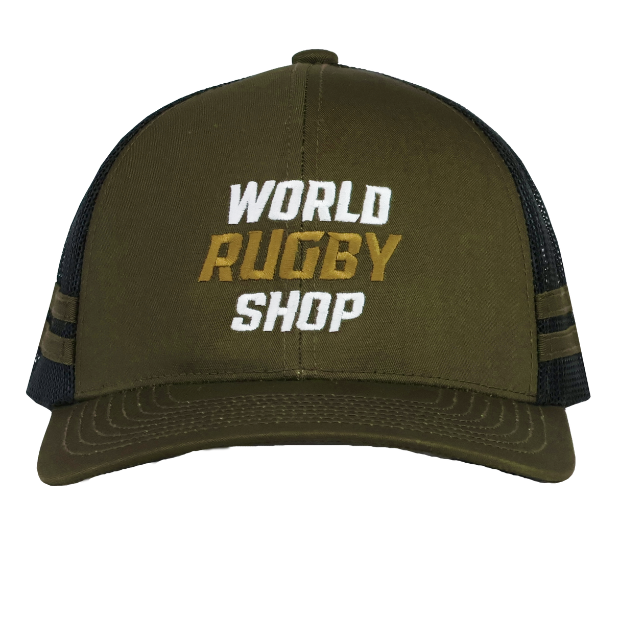 The WRS Low Profile Stripe Trucker Cap - Limited Edition by Augusta Sportswear features an olive green and black design with “World Rugby Shop” embroidered in white and gold, offering classic style with a sporty twist for rugby fans.