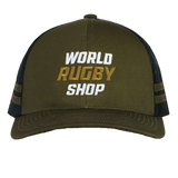 The WRS Low Profile Stripe Trucker Cap - Limited Edition by Augusta Sportswear features an olive green and black design with “World Rugby Shop” embroidered in white and gold, offering classic style with a sporty twist for rugby fans.