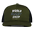 Get the limited edition WRS Trucker Snapback by Augusta Sportswear—an olive green and black hat with "WORLD RUGBY SHOP" embroidered in white and gray on the front. Don’t miss out!.