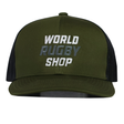 Get the limited edition WRS Trucker Snapback by Augusta Sportswear—an olive green and black hat with "WORLD RUGBY SHOP" embroidered in white and gray on the front. Don’t miss out!.