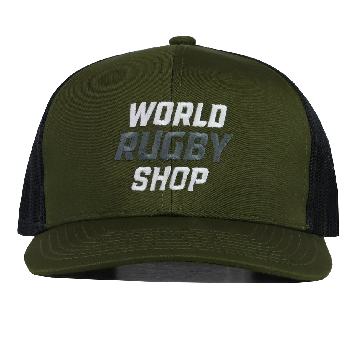 Get the limited edition WRS Trucker Snapback by Augusta Sportswear—an olive green and black hat with "WORLD RUGBY SHOP" embroidered in white and gray on the front. Don’t miss out!.