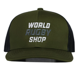 Get the limited edition WRS Trucker Snapback by Augusta Sportswear—an olive green and black hat with "WORLD RUGBY SHOP" embroidered in white and gray on the front. Don’t miss out!.