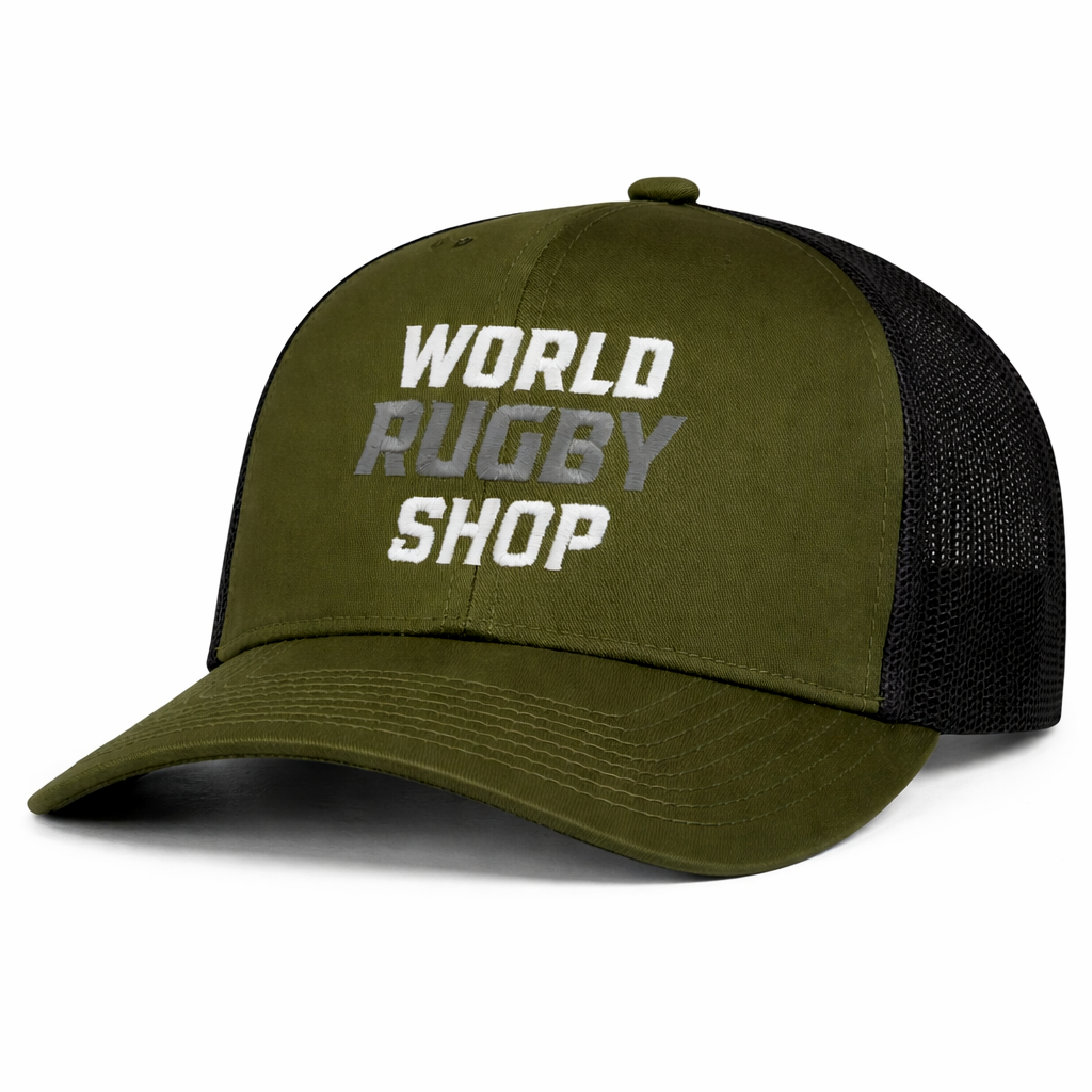 The WRS Trucker Snapback - Limited Edition by Augusta Sportswear features a green and black mesh back and "WORLD RUGBY SHOP" embroidery—perfect for rugby fans looking for a unique snapback hat.
