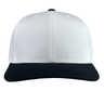 The Augusta Sportswear Poly/Cotton Snapback Cap is a stylish white baseball cap with a black visor, made from durable poly/cotton material. Its sleek design is showcased from the front.