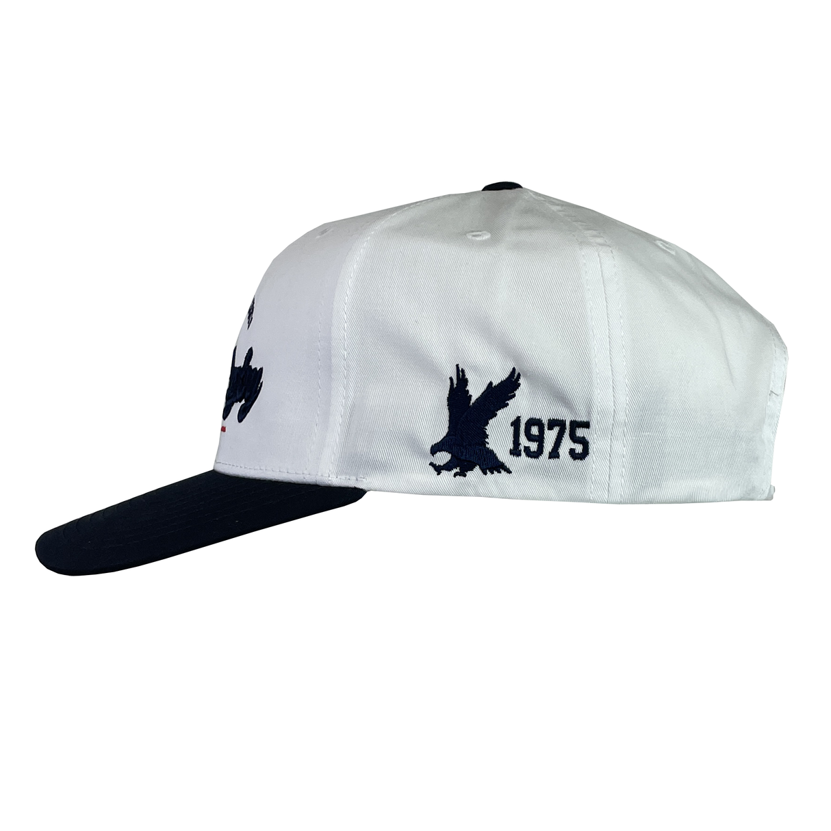 The EMB Augusta USA Rugby Elevated 1975 Eagles Snapback Cap is a white baseball hat with a black brim, showcasing an embroidered eagle design and the number "1975" on the side.