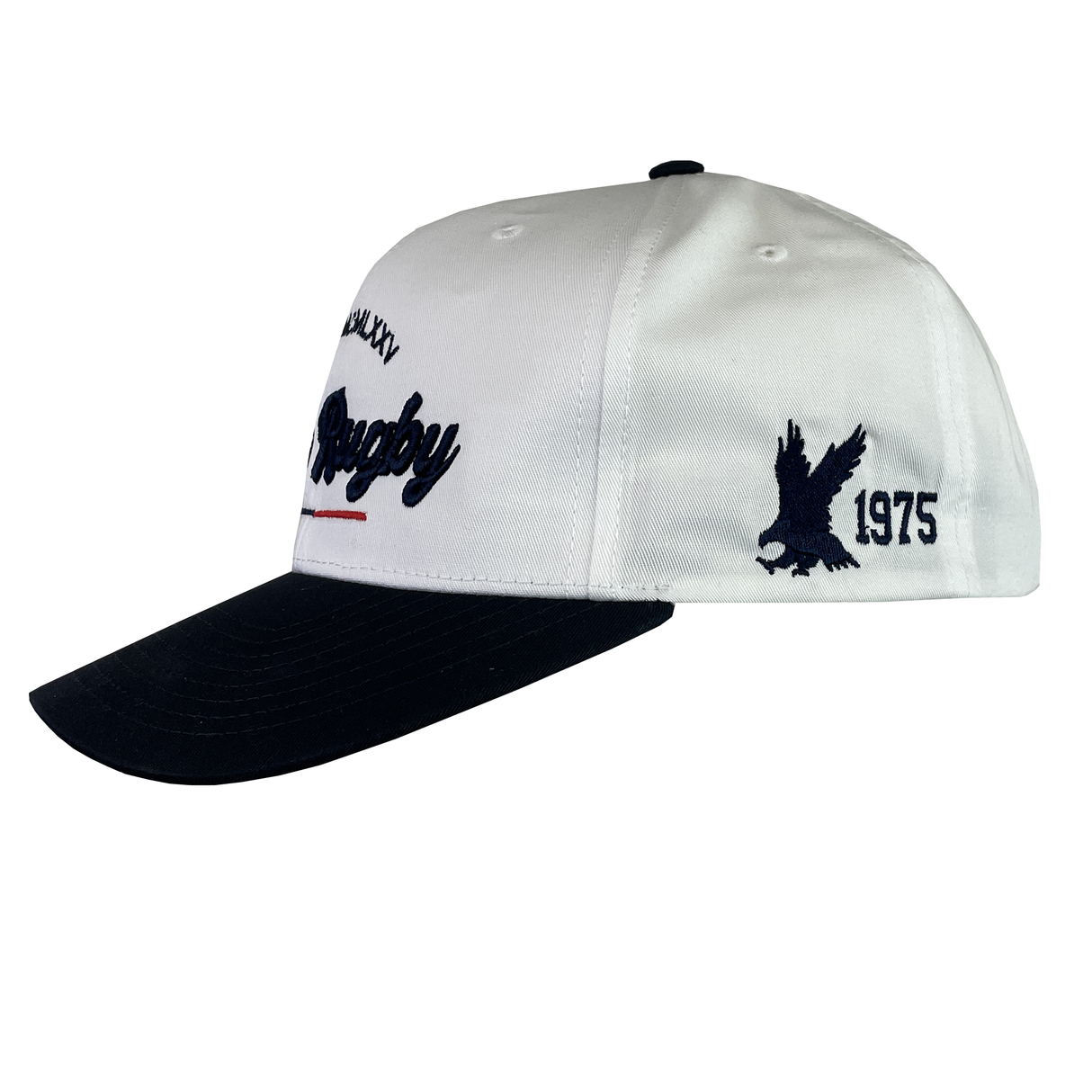 The EMB Augusta USA Rugby Elevated 1975 Eagles Snapback Cap is a white cap with a black brim, featuring "USA Rugby" and "1975" text embroidered alongside an eagle design.