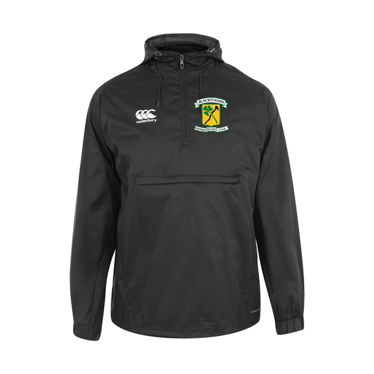 Black water-resistant Blackthorn RFC Packaway Jacket by EMB Canterbury with a zip front, featuring a white EMB Canterbury logo on the right chest and a green and yellow team emblem on the left.