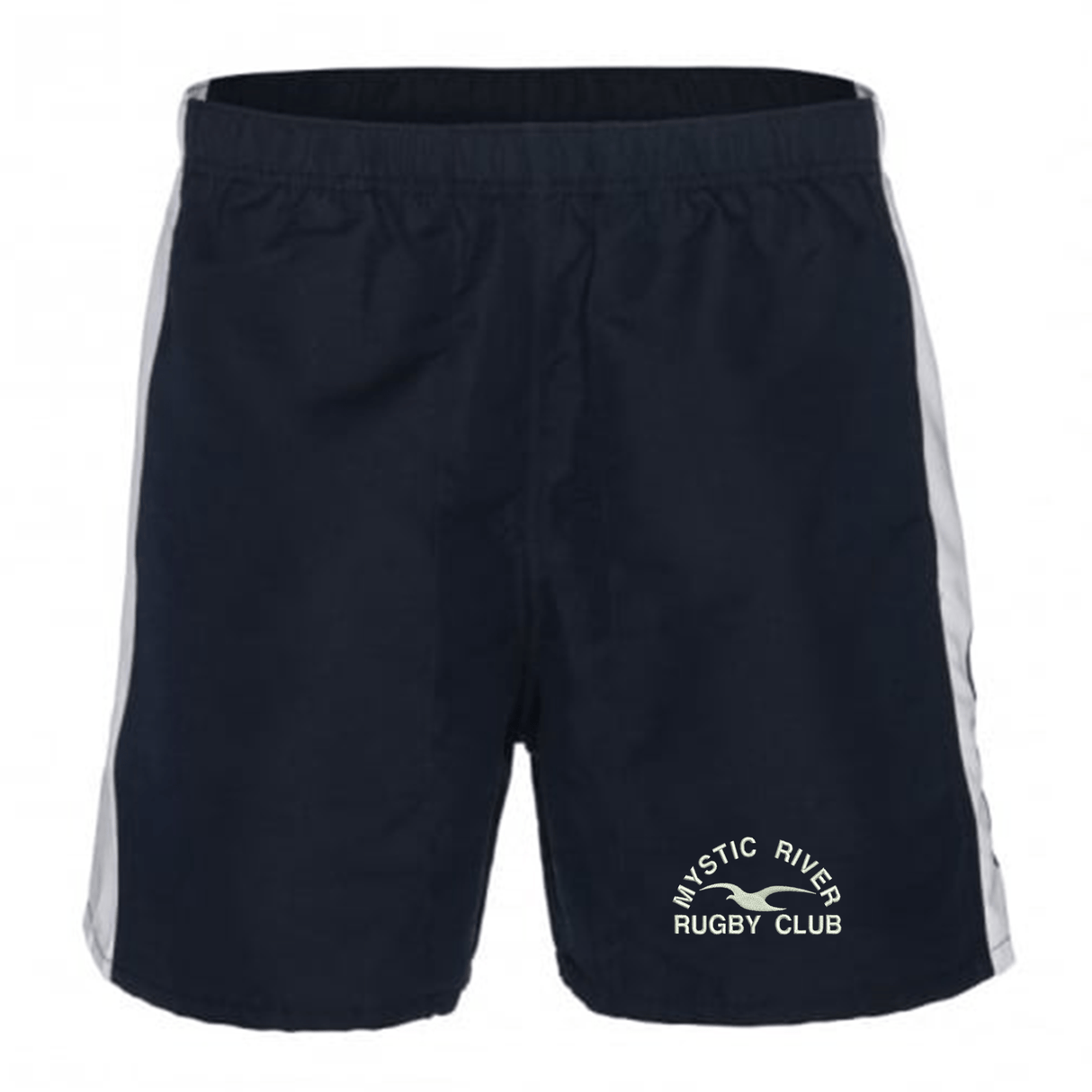 A Mystic River Rugby Canterbury Panelled Tactic Short in polyester fabric, featuring a blue color with a white stripe by EMB Canterbury.