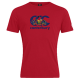 The Canterbury Pennsylvania CCC Flag Club T-shirt by WRS Canterbury is a red tee featuring a bold navy CCC logo with a heraldic crest and lions, "canterbury" text below, celebrating rugby pride.