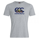 The Canterbury Pennsylvania CCC Flag Club T-shirt by WRS Canterbury features a grey short-sleeve design with a blue logo, colorful coat of arms, and "canterbury" script—ideal for displaying rugby pride.