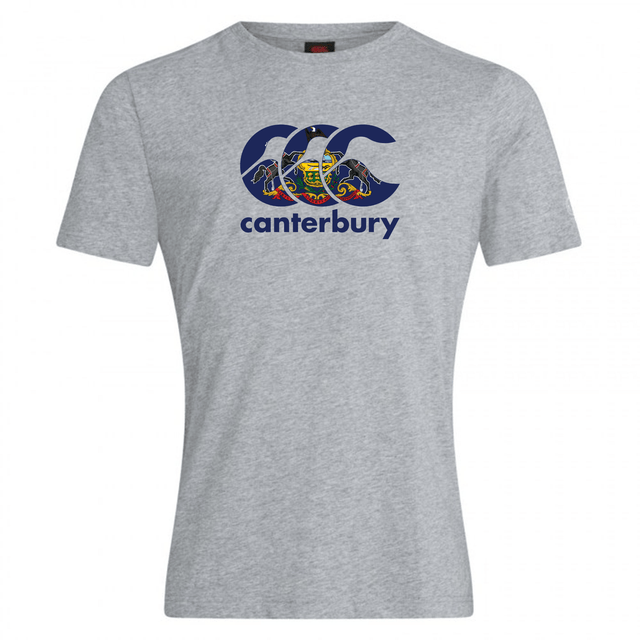 The Canterbury Pennsylvania CCC Flag Club T-shirt by WRS Canterbury features a grey short-sleeve design with a blue logo, colorful coat of arms, and "canterbury" script—ideal for displaying rugby pride.