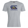 The Canterbury Pennsylvania CCC Flag Club T-shirt by WRS Canterbury features a grey short-sleeve design with a blue logo, colorful coat of arms, and "canterbury" script—ideal for displaying rugby pride.