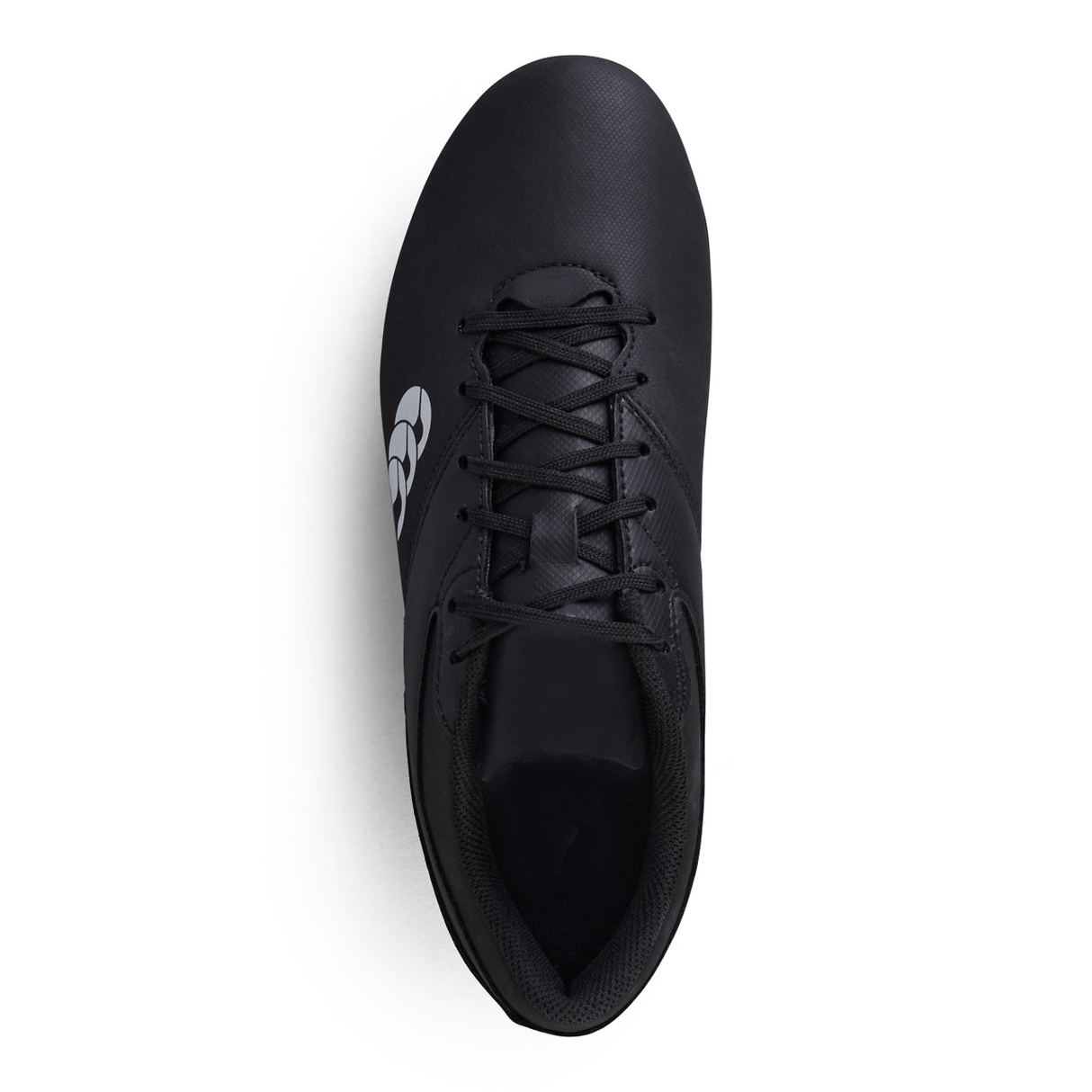Top view of the Canterbury Junior Raze SG Boot in black with a white logo and soft ground cleats, displayed on a plain white background.