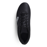 Top view of the Canterbury Junior Raze SG Boot in black with a white logo and soft ground cleats, displayed on a plain white background.