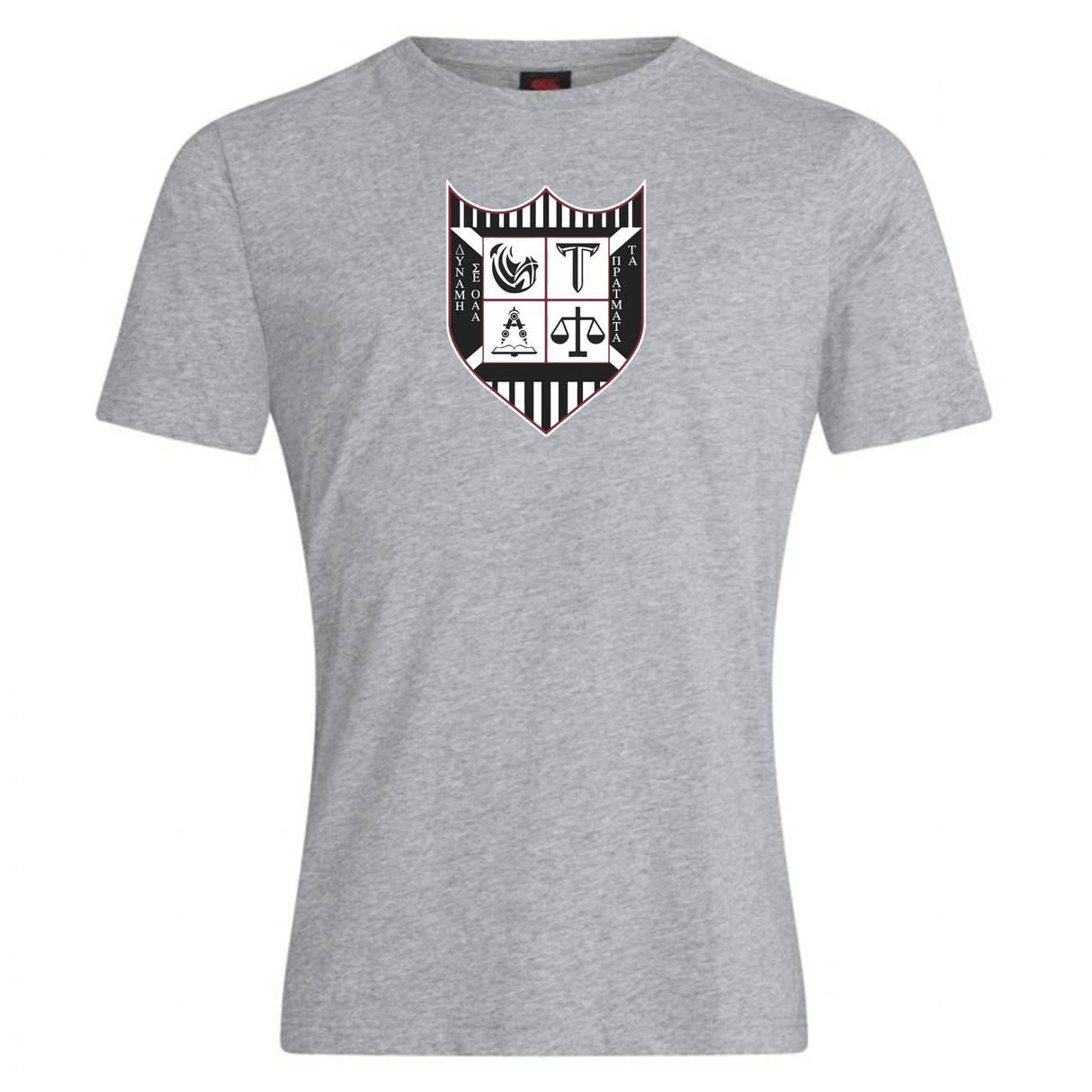 A comfortable, WRS Canterbury gray cotton blend t-shirt with a shield-shaped graphic print featuring monochrome symbols and two keys crossed in the center.