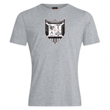 A comfortable, WRS Canterbury gray cotton blend t-shirt with a shield-shaped graphic print featuring monochrome symbols and two keys crossed in the center.