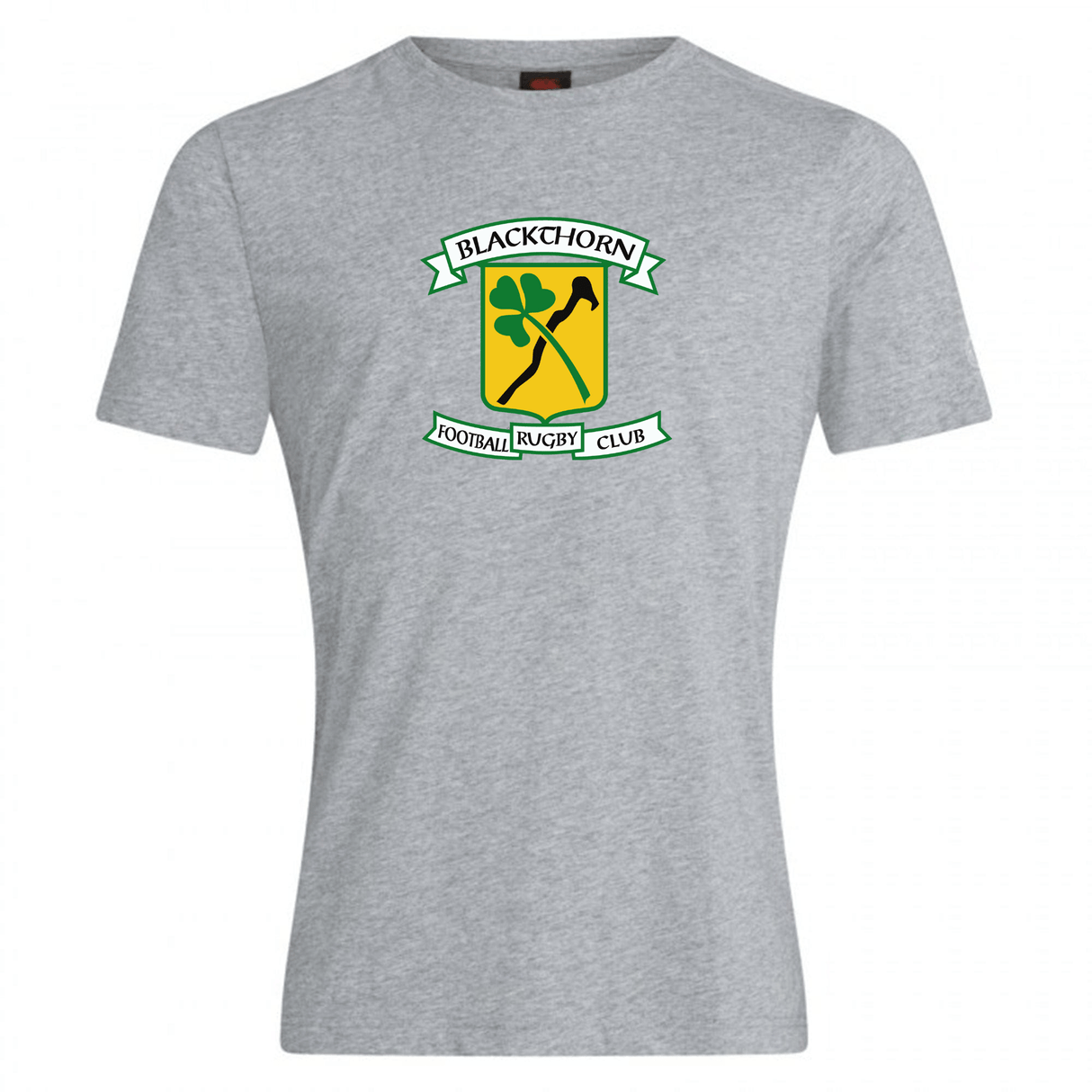 Gray Blackthorn RFC Club Plain Tee by WRS Canterbury featuring the blackhorn football rugby club logo with crossed rugby poles and a comfortable cotton blend green and yellow emblem.