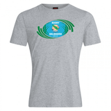 Gray cotton blend Rugby Oklahoma Club plain tee by WRS Canterbury featuring a green and blue "rugby oklahoma" logo with rugby ball and laurel wreath design.