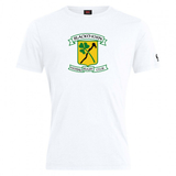 White t-shirt crafted from a comfortable cotton blend, featuring the Blackthorn RFC Club logo with a green and yellow emblem of two rugby players.