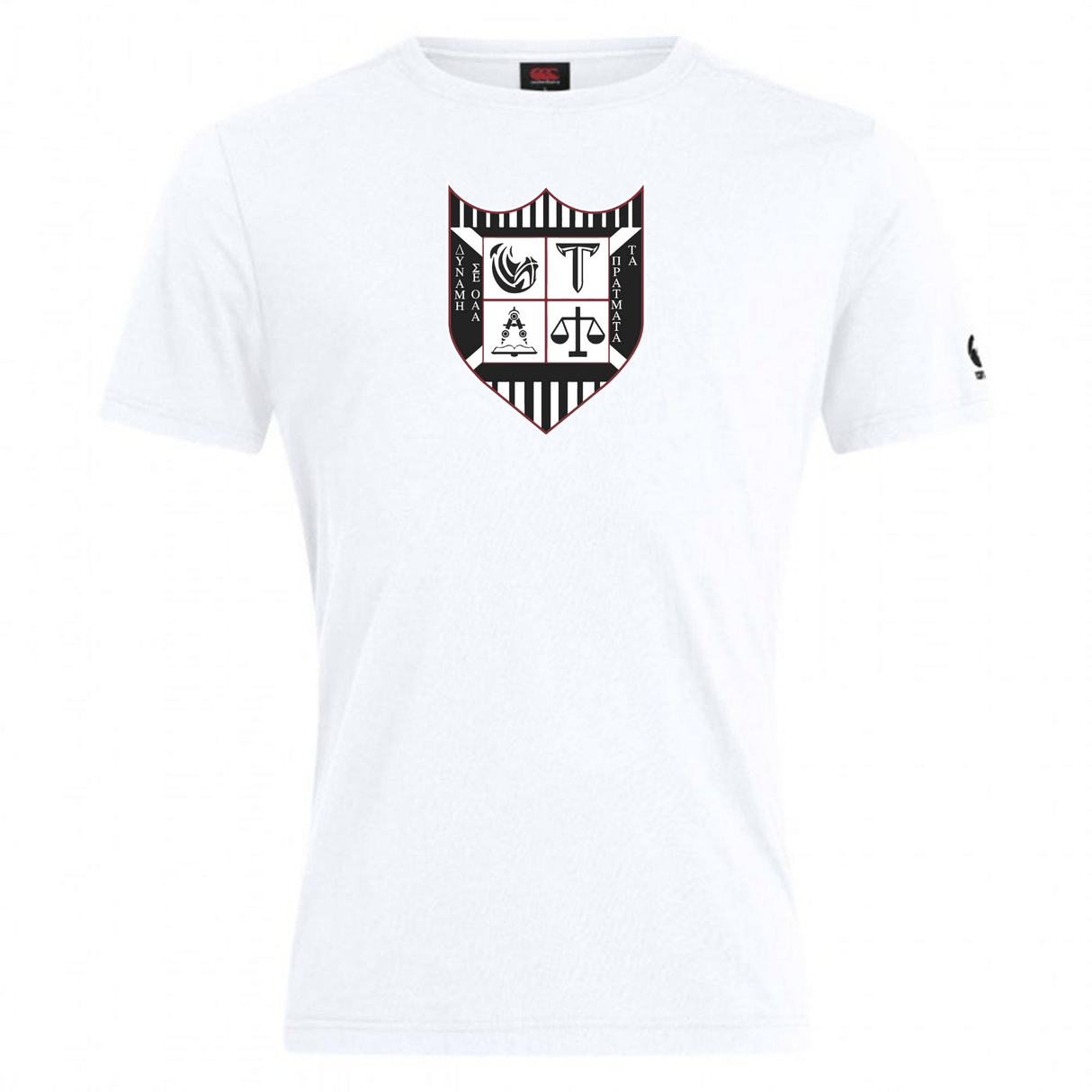White cotton blend Troy University Rugby Club Plain Tee by WRS Canterbury with a black and white crest design on the chest and a small logo on the left sleeve, ensuring comfortable wear.