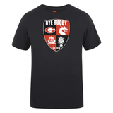 Black cotton blend t-shirt with Rye High School Rugby Club logo print by WRS Canterbury.