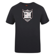 Black cotton blend t-shirt with a white and red shield logo featuring scales, a column, and abstract symbols from WRS Canterbury's Troy University Rugby Club Plain Tee.
