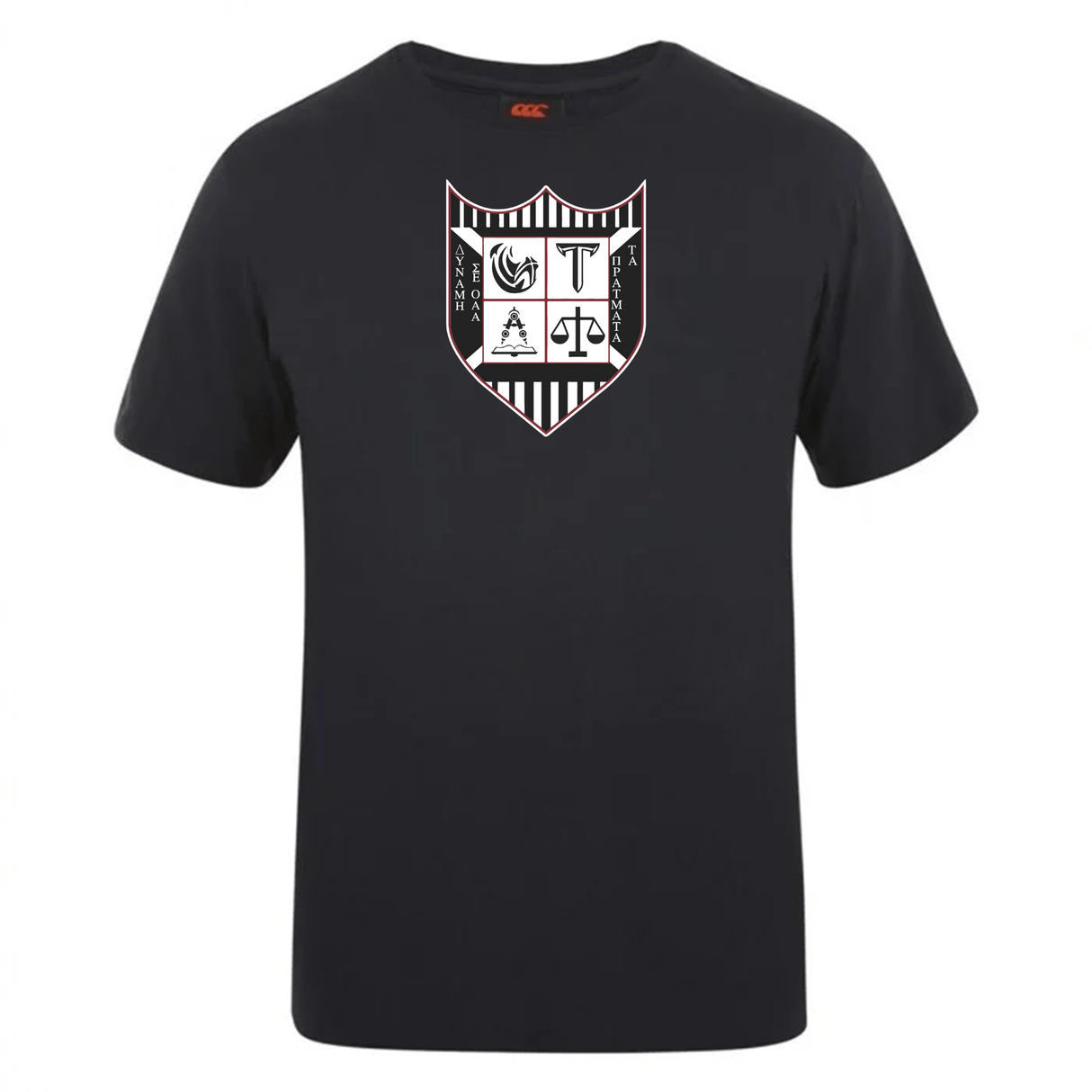 Black cotton blend t-shirt with a white and red shield logo featuring scales, a column, and abstract symbols from WRS Canterbury's Troy University Rugby Club Plain Tee.