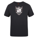 Black cotton blend t-shirt with a white and red shield logo featuring scales, a column, and abstract symbols from WRS Canterbury's Troy University Rugby Club Plain Tee.