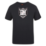 Black cotton blend t-shirt with a white and red shield logo featuring scales, a column, and abstract symbols from WRS Canterbury's Troy University Rugby Club Plain Tee.