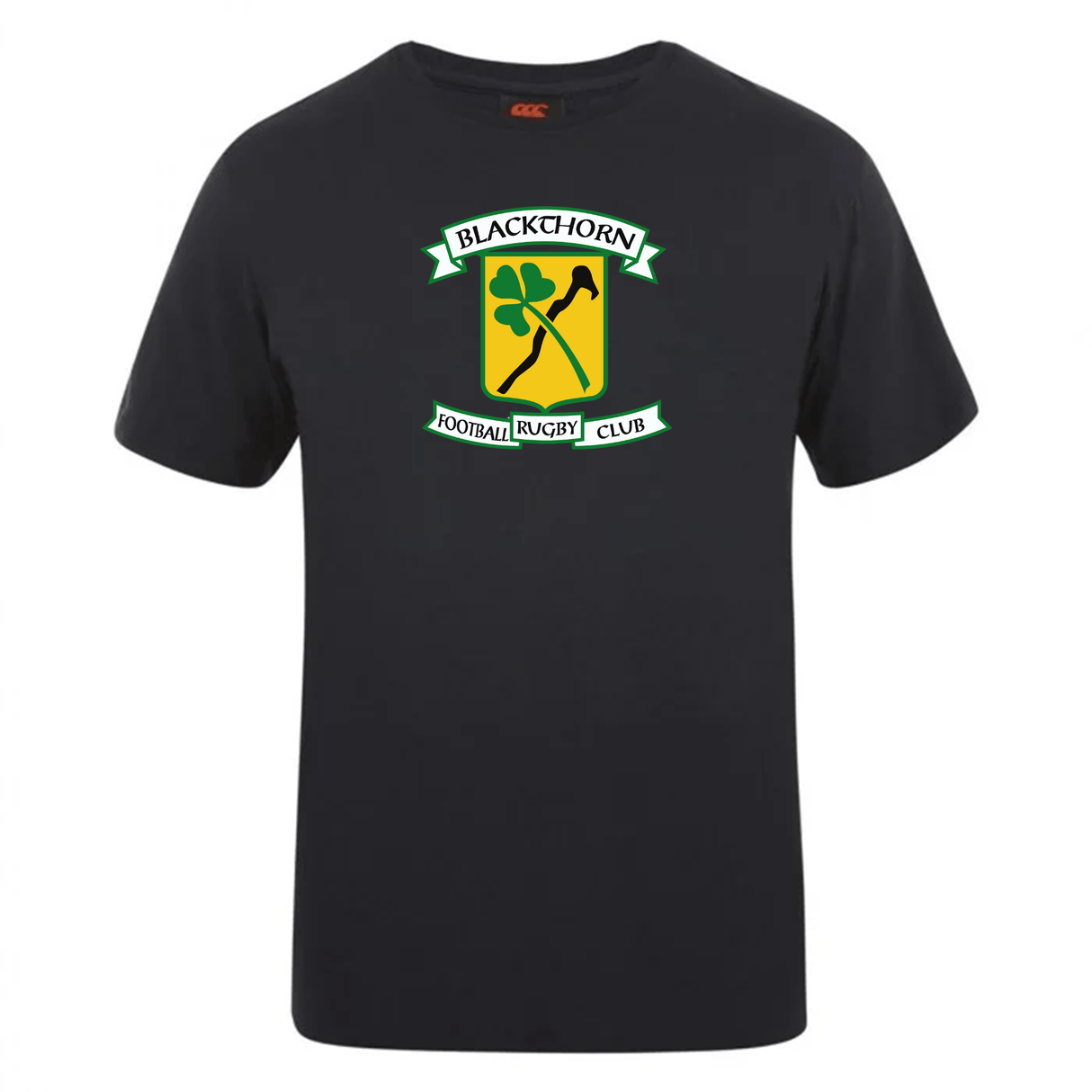 Blackthorn RFC Club Plain Tee by WRS Canterbury featuring a comfortable green and gold emblem with two rugby players.